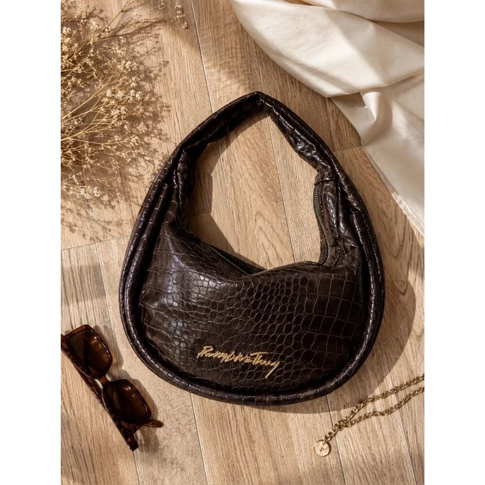 PrettyLittleThing Brown Faux Croc Embossed Hobo Shoulder Bag Y2K Slouchy Purse